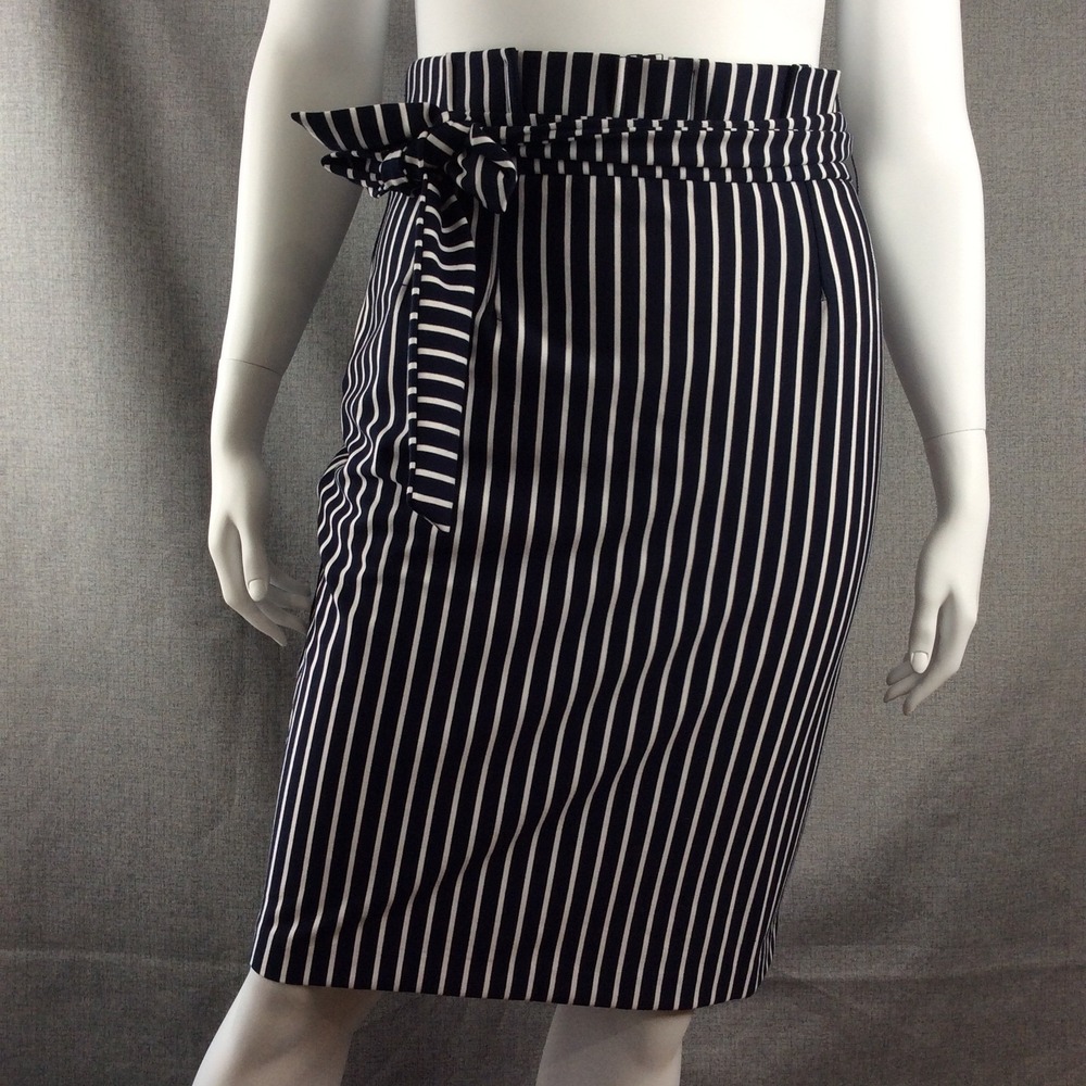 NY&C Women Paperbag Waist Skirt XL Striped Midi Navy White Tie Belt NWT Office